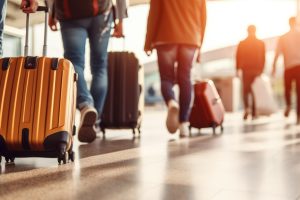 Group of people with suitcases at the airport. Generative AI